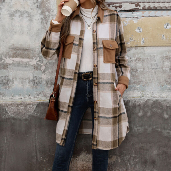 New Brushed Plaid Long Coat With Pockets Fashion Winter Jacket Outwear Women's Clothing - Image 3