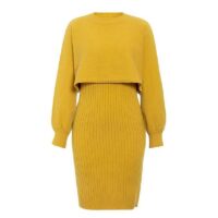 2pcs Knitted Dress Suit Fashion Solid Color Pullover Lantern-sleeved Sweater Fall Winter Women's Clothing - Image 4