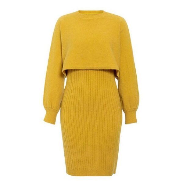 2pcs Knitted Dress Suit Fashion Solid Color Pullover Lantern-sleeved Sweater Fall Winter Women's Clothing - Image 4