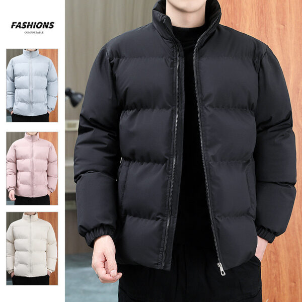 Winter Stand-collar Cotton Coat Couple Casual Warm Plus Velvet Thicken Solid Color Jacket For Men's Clothing - Image 5