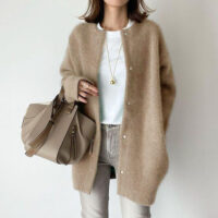 Loose Round Neck Single Breasted Cardigan Fashion Solid Color Coat Jacket Autumn And Winter Women's Clothing - Image 4