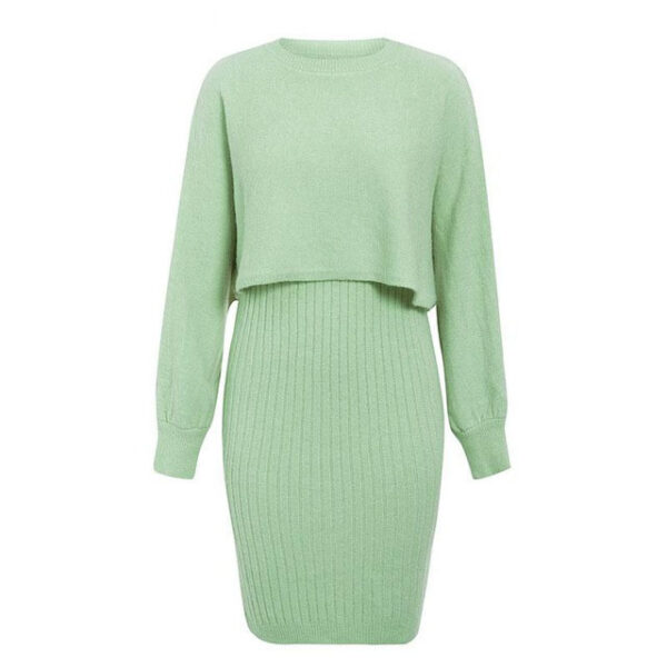 2pcs Knitted Dress Suit Fashion Solid Color Pullover Lantern-sleeved Sweater Fall Winter Women's Clothing - Image 10