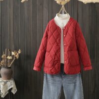 Winter Rhombus Sewing Coat With Pockets Warm Round-neck Button Jacket Lightweight Outerwear For Women's Clothing - Image 5