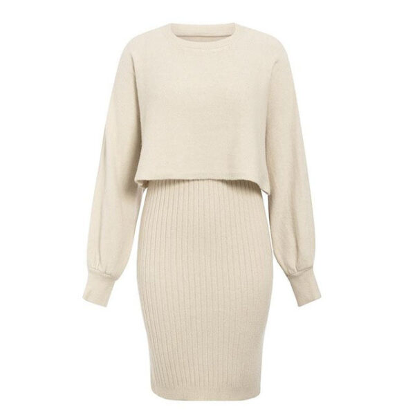 2pcs Knitted Dress Suit Fashion Solid Color Pullover Lantern-sleeved Sweater Fall Winter Women's Clothing - Image 6